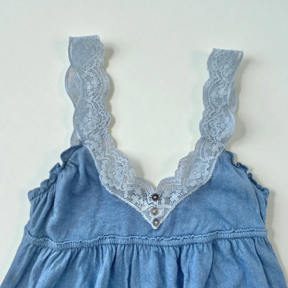Vintage Y2K Abercrombie & Fitch Babydoll Lace Straps & Buttons Top in Blue sz S